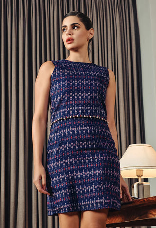 Cobalt blue layered dress with intricate Sambalpuri Ikat pattern.