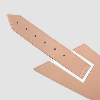 Versatile leather belt featuring a minimalist black and white color palette.